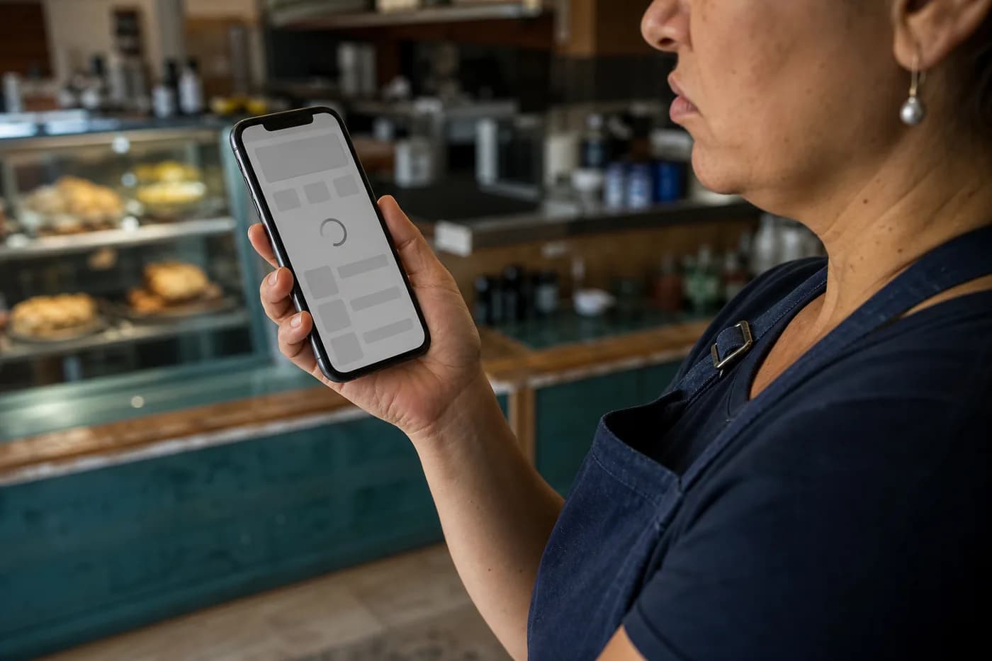 Site preso na tela de carregamento do celular de uma pequena empresária
