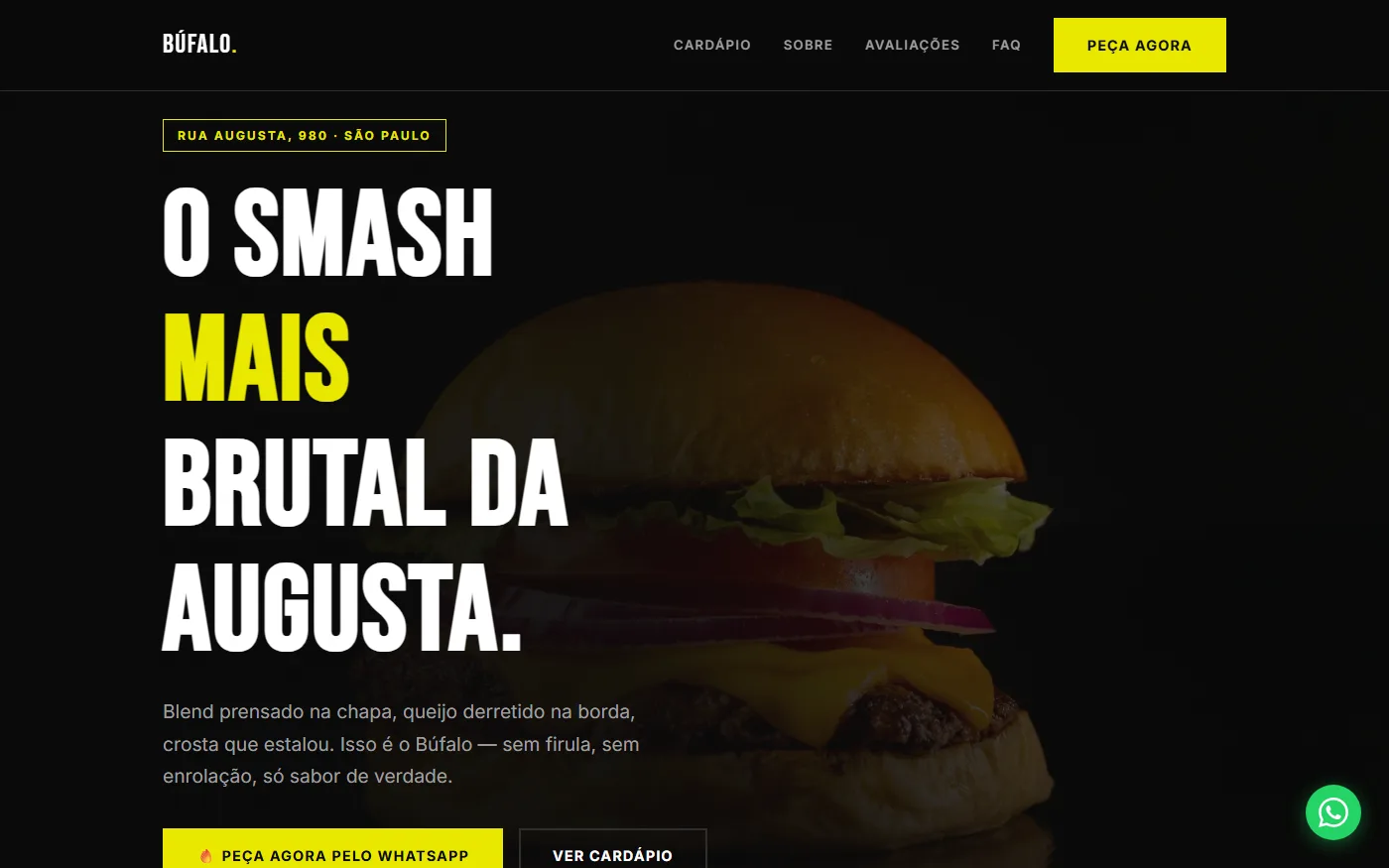Site Búfalo Smash Burger criado com a IA da ZenHost