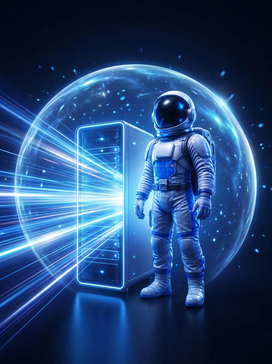 Astronauta da ZenHost ao lado de um servidor veloz e protegido, simbolizando velocidade e segurança