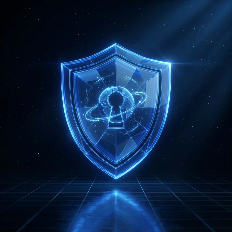 Escudo holográfico protegendo um globo, simbolizando o registro oficial e credenciado