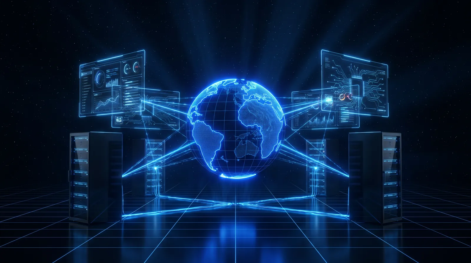 Servidores e painéis holográficos conectados a um globo em rede, simbolizando a infraestrutura e o DNS que trabalham por você