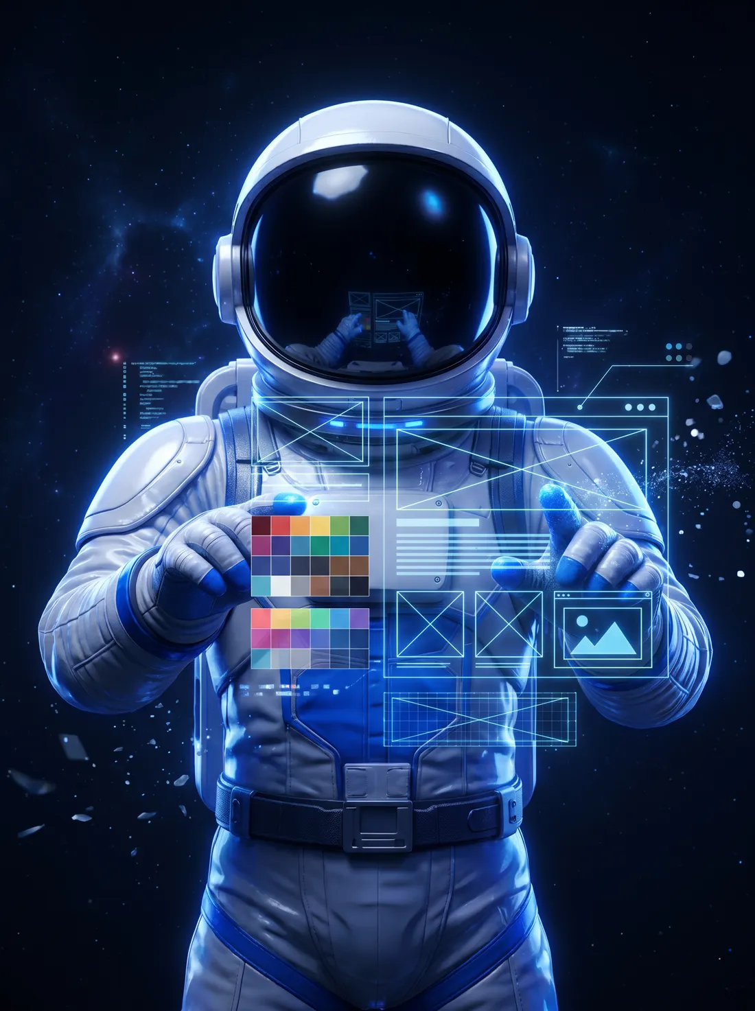 Astronauta da ZenHost desenhando um site sob medida com blocos e paleta de cores
