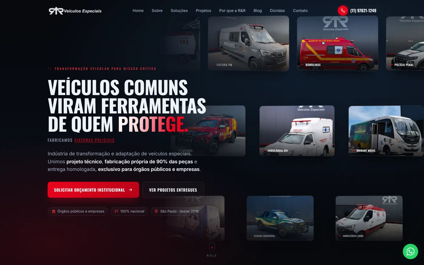 Site RR Veículos Especiais feito pela ZenHost