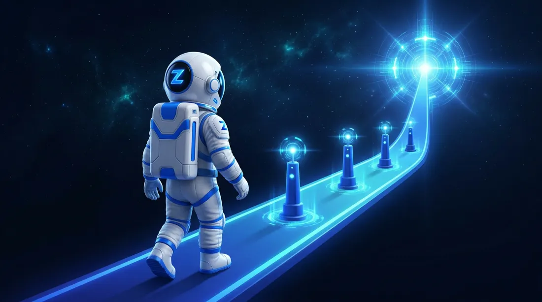 Astronauta Z da ZenHost percorrendo uma trilha de marcos de 2017 a 2026
