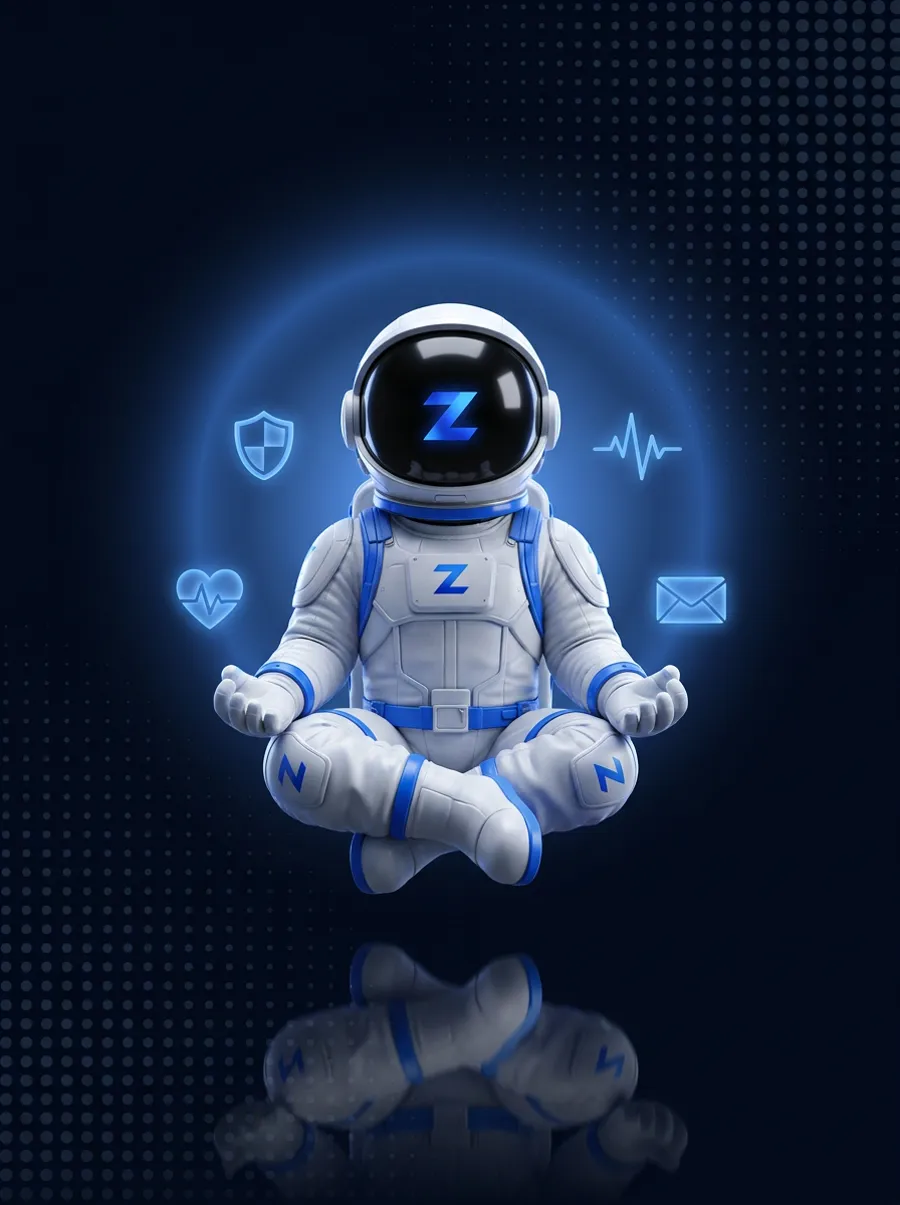 Astronauta Z meditando, símbolo da filosofia Fique Zen da ZenHost